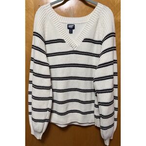 Lands End Drifter Womens Heavyweight V Neck Sweater Striped 100% Cotton XL
